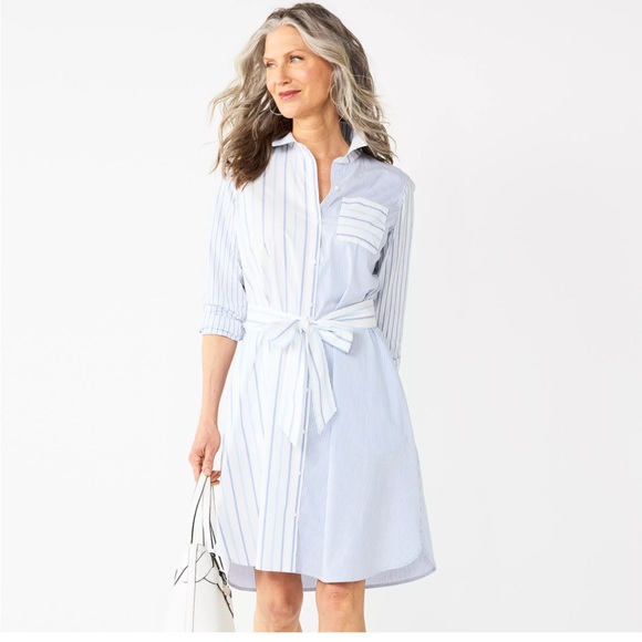 croft & barrow Dresses & Skirts - Croft & Barrow mixed Stripe Blue poplin Shirt Dress with Belt, NWOT medium
